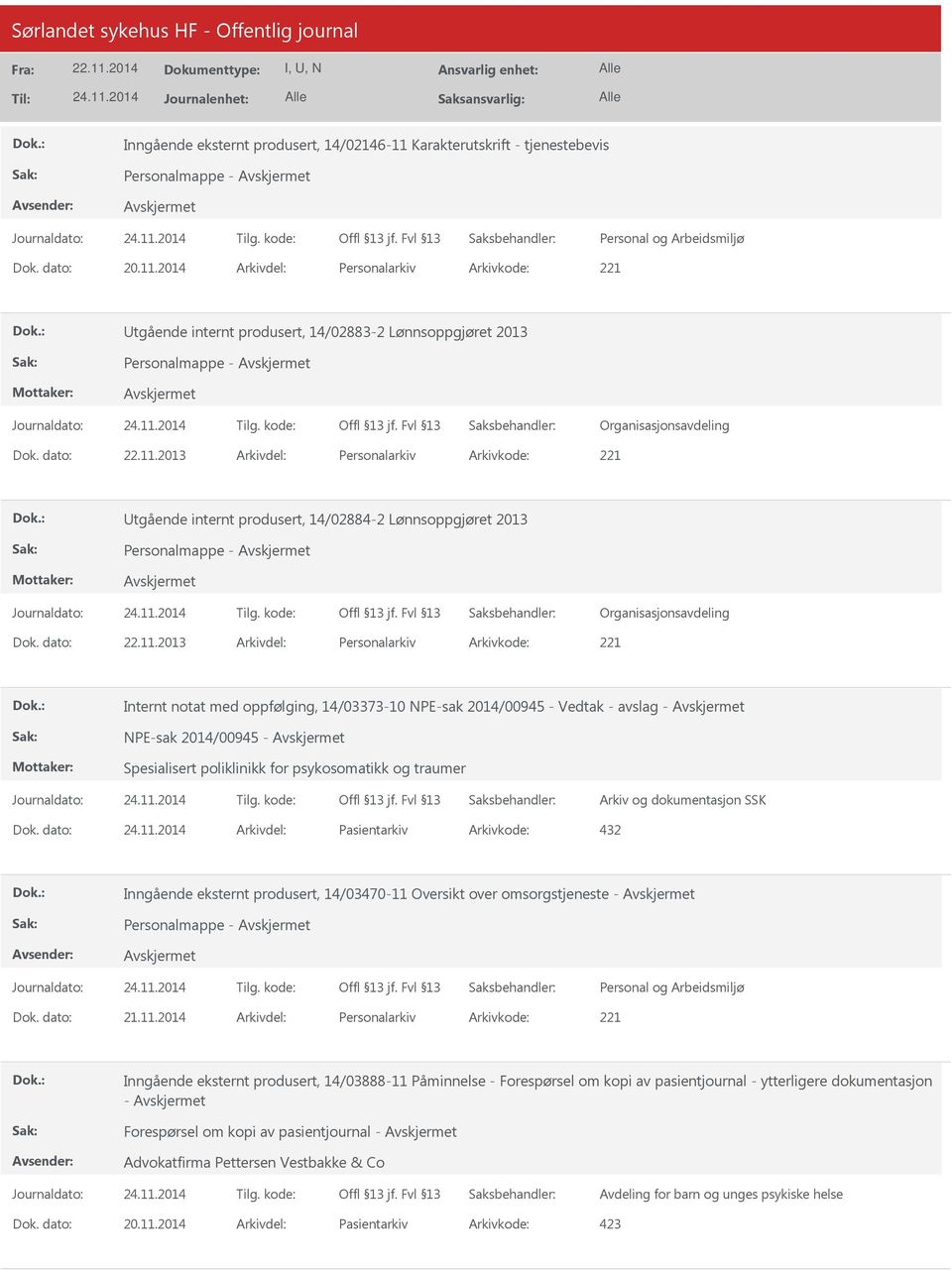 - avslag - NPE-sak 2014/00945 - Spesialisert poliklinikk for psykosomatikk og traumer Pasientarkiv 432 Inngående eksternt produsert, 14/03470-11 