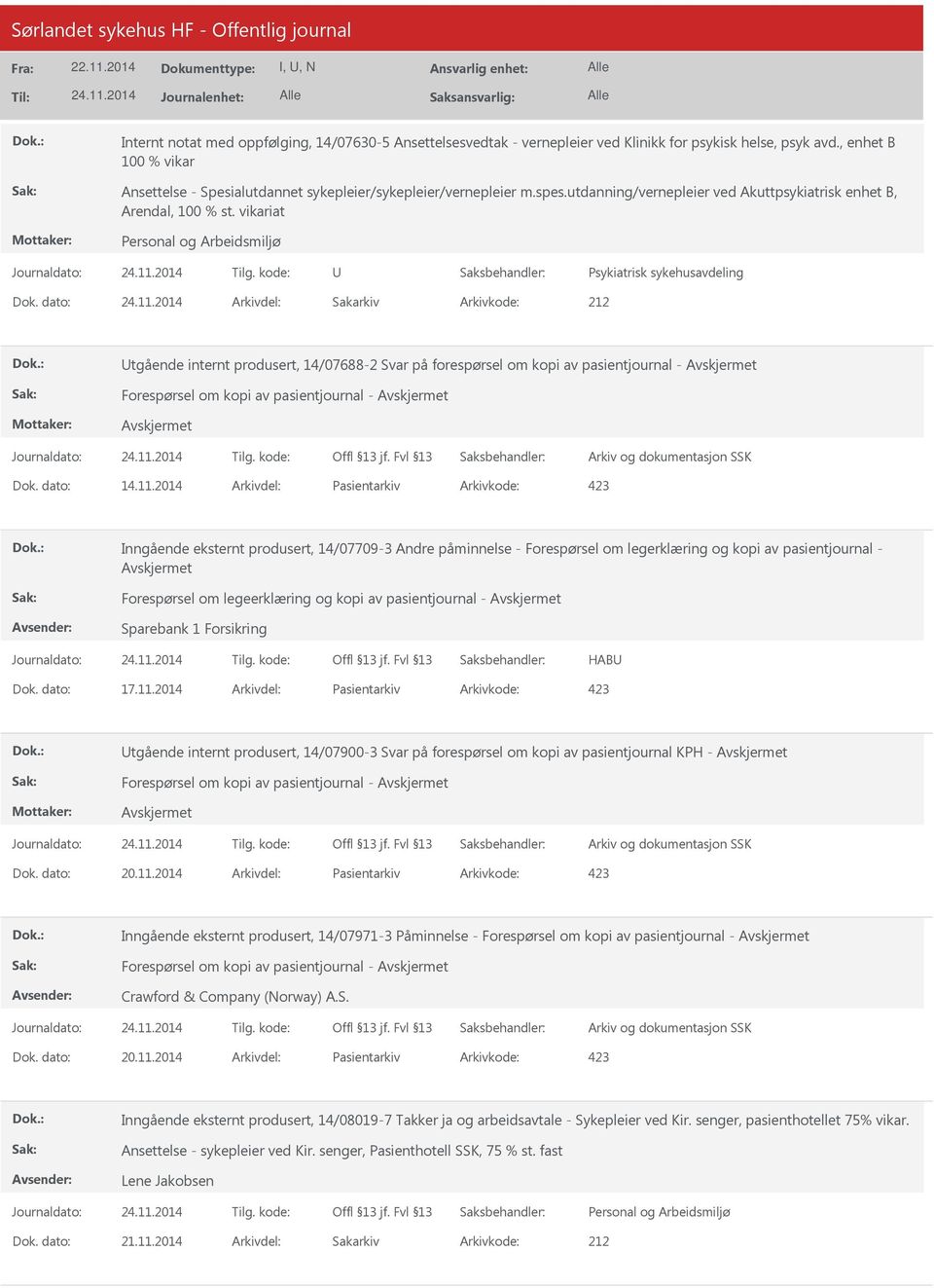 vikariat Psykiatrisk sykehusavdeling 212 tgående internt produsert, 14/07688-2 Svar på forespørsel om kopi av pasientjournal - Forespørsel om kopi av pasientjournal - 14.11.