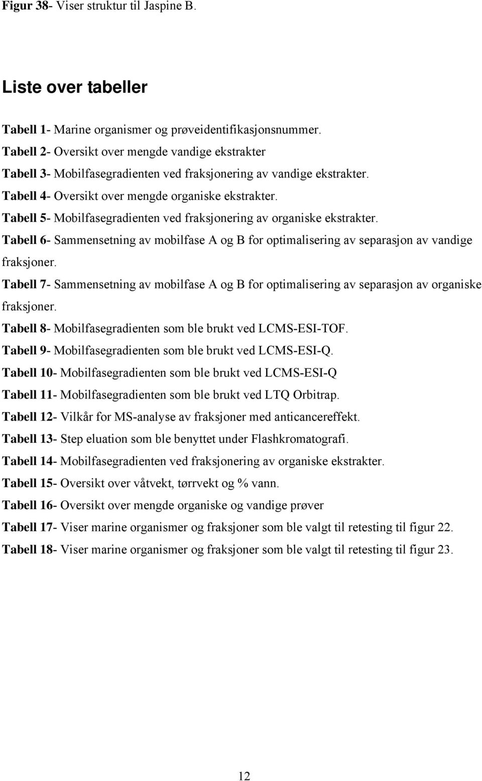 Tabell 5- Mobilfasegradienten ved fraksjonering av organiske ekstrakter. Tabell 6- Sammensetning av mobilfase A og B for optimalisering av separasjon av vandige fraksjoner.