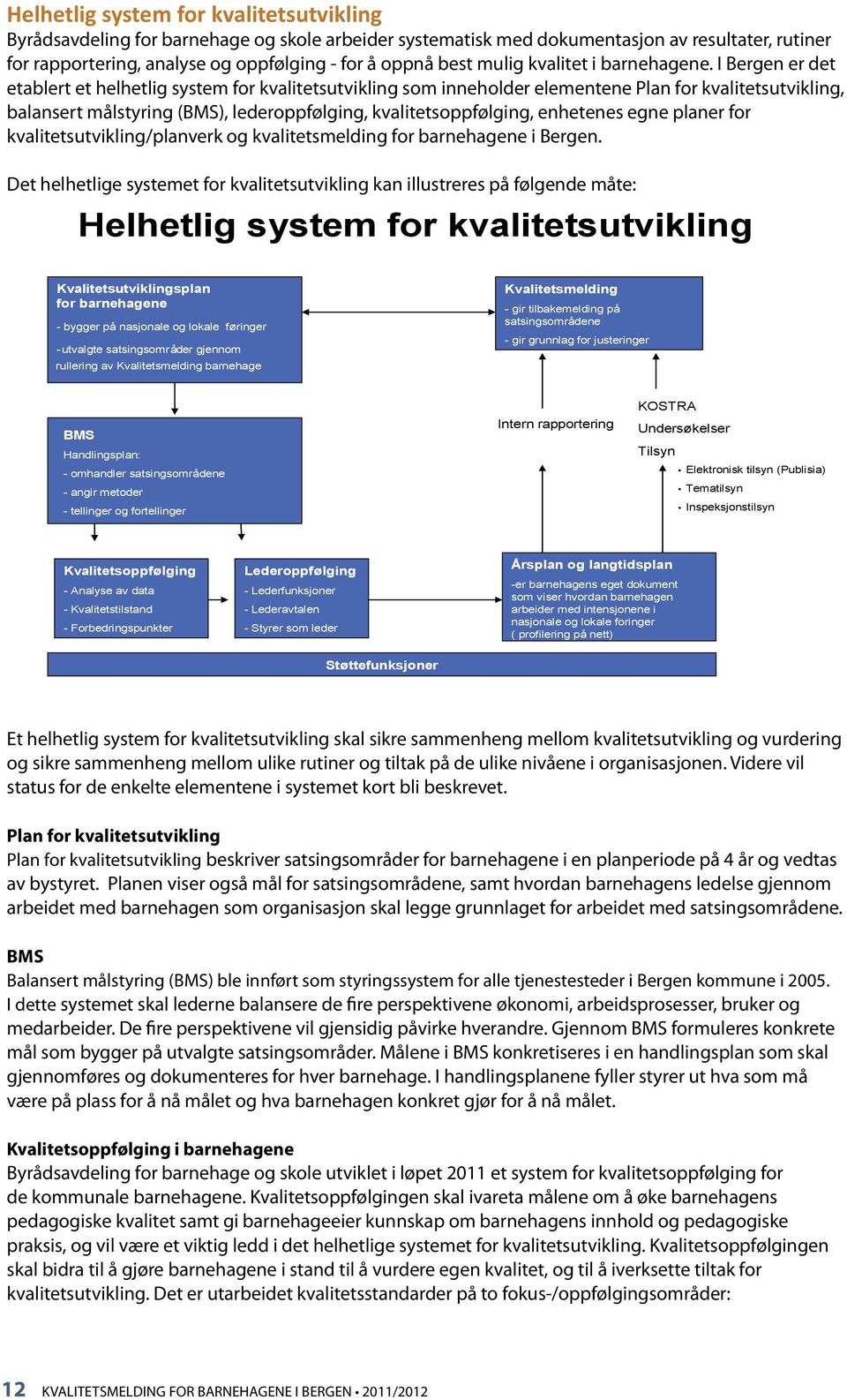 I Bergen er det etablert et helhetlig system for kvalitetsutvikling som inneholder elementene Plan for kvalitetsutvikling, balansert målstyring (BMS), lederoppfølging, kvalitetsoppfølging, enhetenes