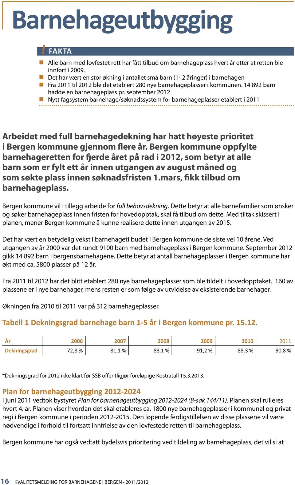 september 2012 Nytt fagsystem barnehage/søknadssystem for barnehageplasser etablert i 2011 Arbeidet med full barnehagedekning har hatt høyeste prioritet i Bergen kommune gjennom flere år.