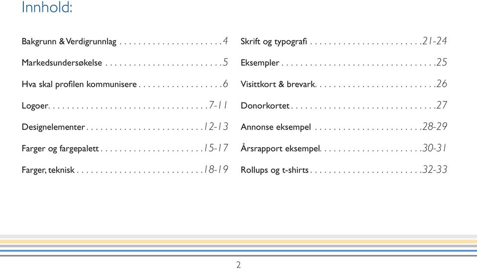 .. 18-19 Skrift og typografi... 21-24 Eksempler... 25 Visittkort & brevark.... 26 Donorkortet.