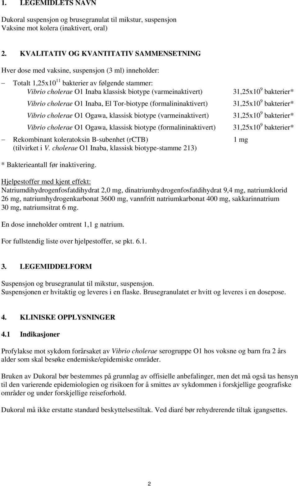 (varmeinaktivert) Vibrio cholerae O1 Inaba, El Tor-biotype (formalininaktivert) Vibrio cholerae O1 Ogawa, klassisk biotype (varmeinaktivert) Vibrio cholerae O1 Ogawa, klassisk biotype