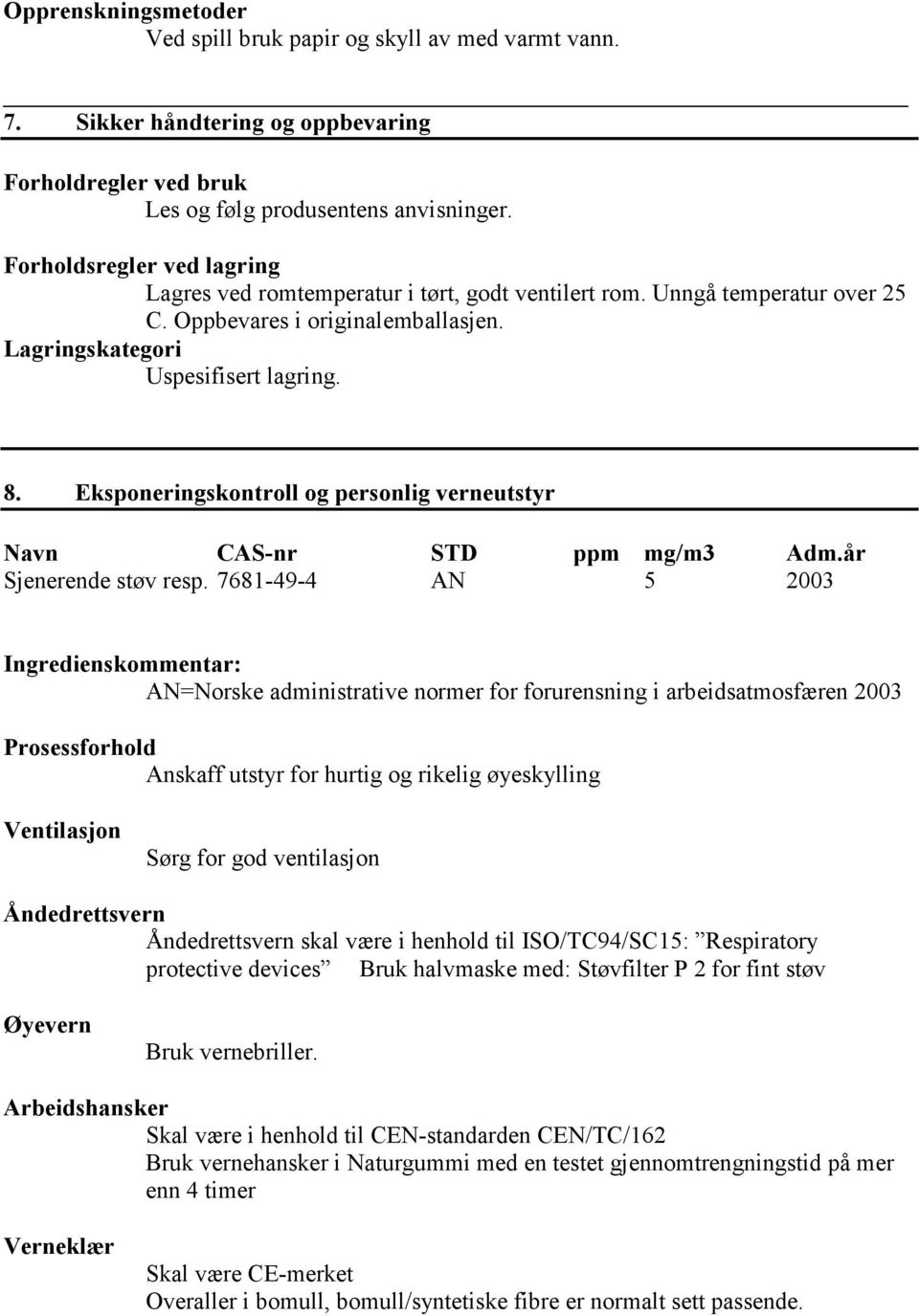 Eksponeringskontroll og personlig verneutstyr Navn CAS-nr STD ppm mg/m3 Adm.år Sjenerende støv resp.