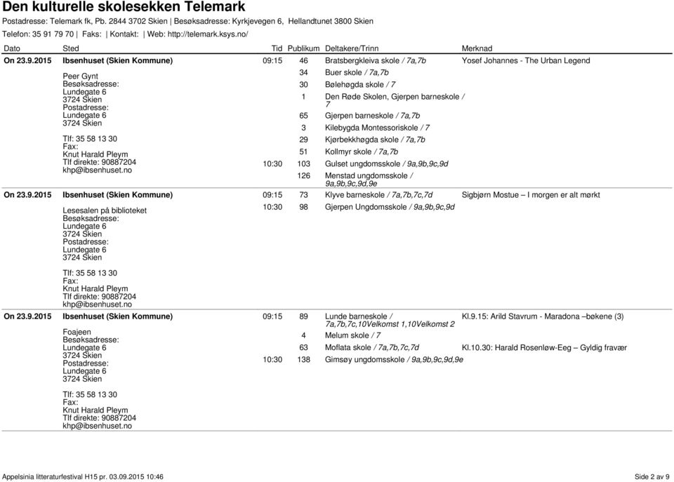 Gjerpen barneskole / 7 65 Gjerpen barneskole / 7a,7b 3 Kilebygda Montessoriskole / 7 29 Kjørbekkhøgda skole / 7a,7b 51 Kollmyr skole / 7a,7b 10:30 103 Gulset ungdomsskole / 9a,9b,9c,9d 126 Menstad