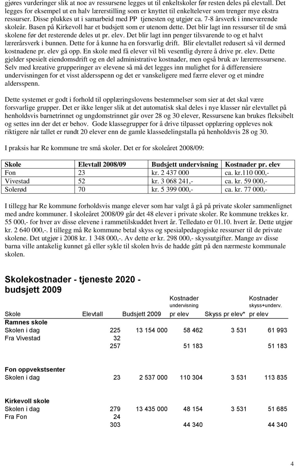 7-8 årsverk i inneværende skoleår. Basen på Kirkevoll har et budsjett som er utenom dette. Det blir lagt inn ressurser til de små skolene før det resterende deles ut pr. elev.