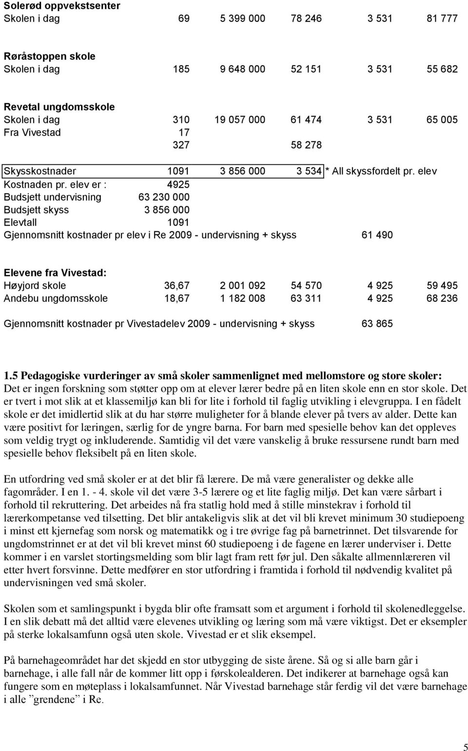 elev er : 4925 Budsjett undervisning 63 230 000 Budsjett skyss 3 856 000 Elevtall 1091 Gjennomsnitt kostnader pr elev i Re 2009 - undervisning + skyss 61 490 Elevene fra Vivestad: Høyjord skole 36,67