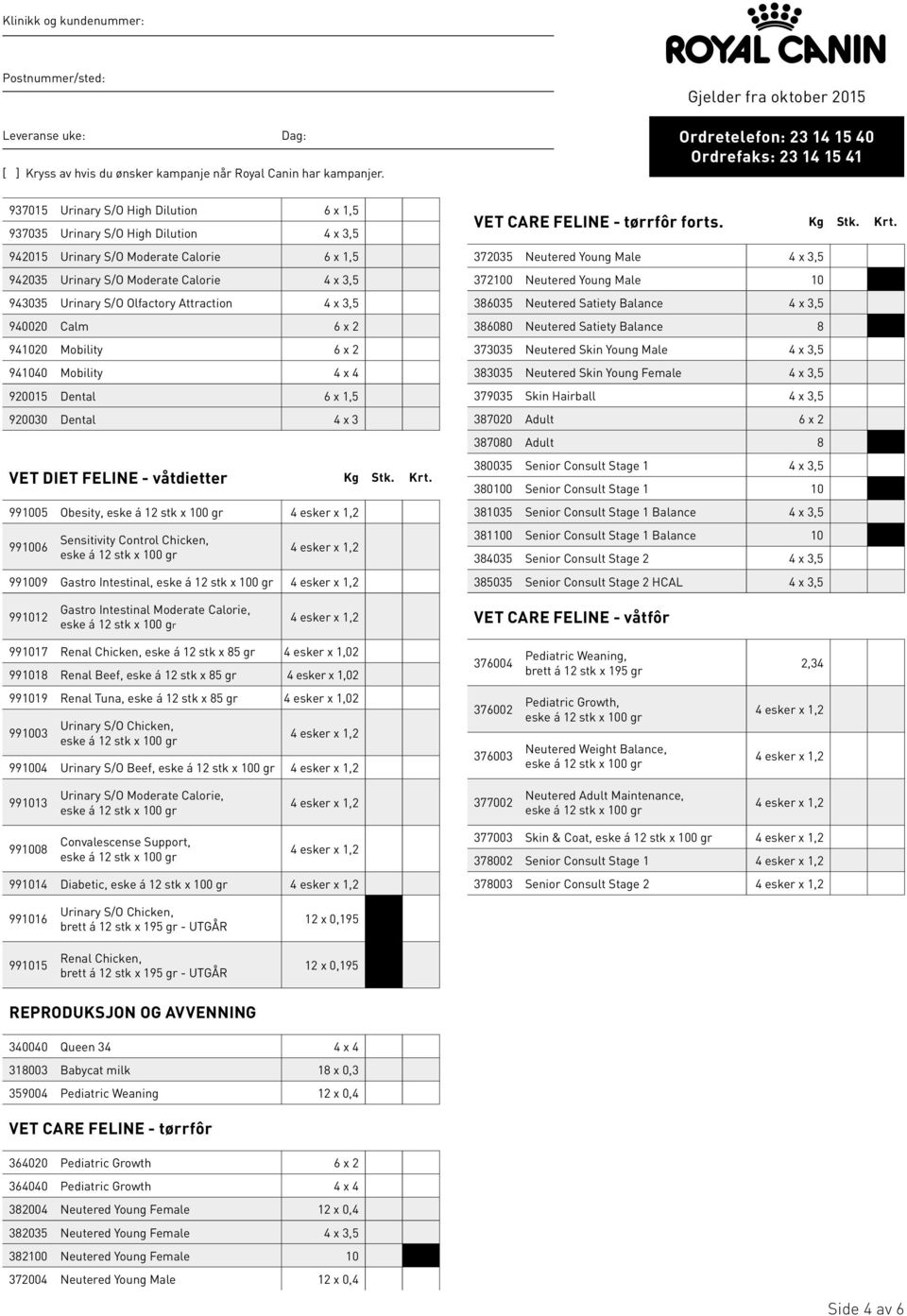 991005 Obesity, 991006 Sensitivity Control Chicken, 991009 Gastro Intestinal, VET CARE FELINE - tørrfôr forts. Kg Stk. Krt.