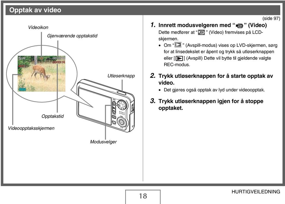 Om (Avspill-modus) vises op LVD-skjermen, sørg for at linsedekslet er åpent og trykk så utløserknappen eller [ ] (Avspill) Dette vil