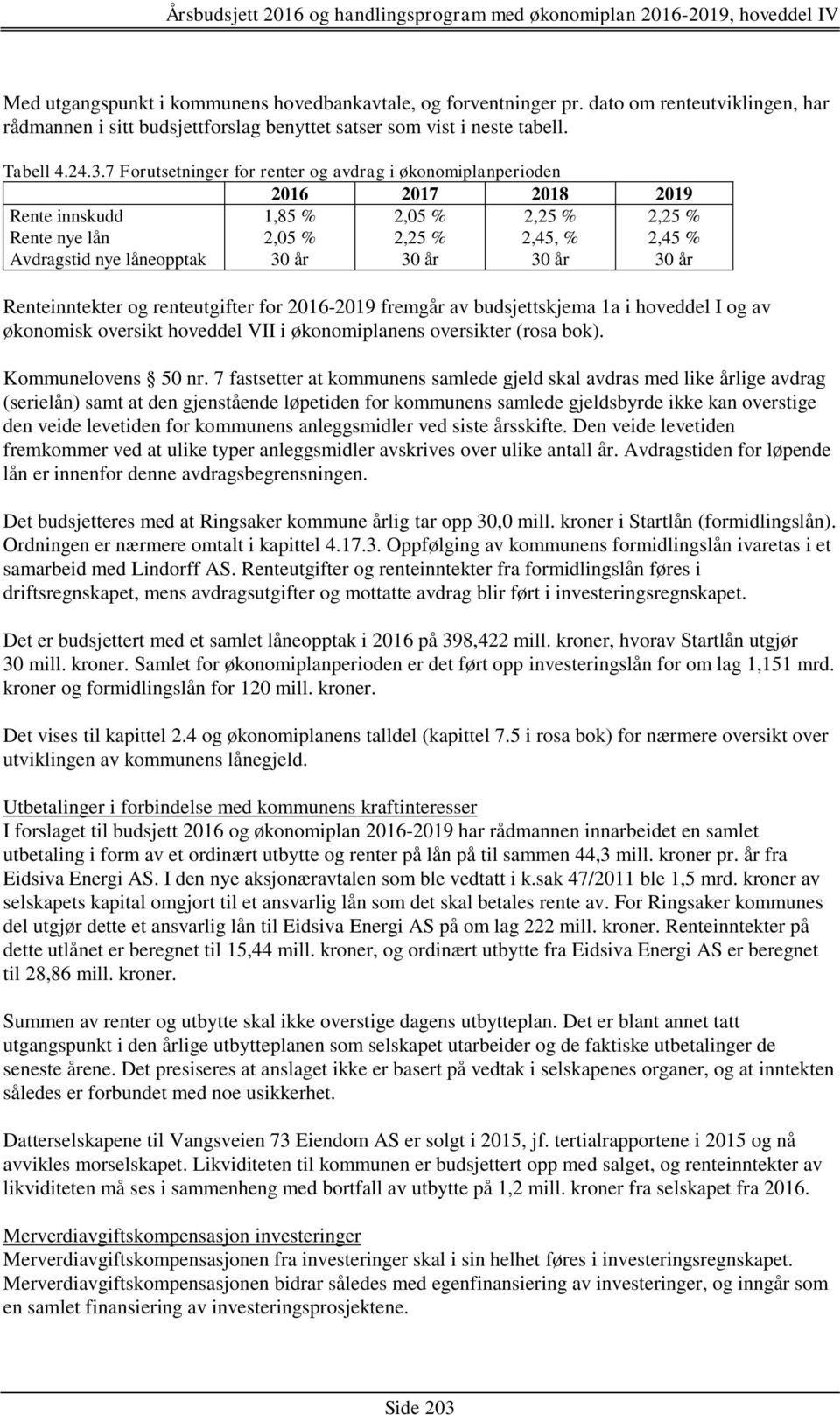 30 år 30 år 30 år Renteinntekter og renteutgifter for 2016-2019 fremgår av budsjettskjema 1a i hoveddel I og av økonomisk oversikt hoveddel VII i økonomiplanens oversikter (rosa bok).