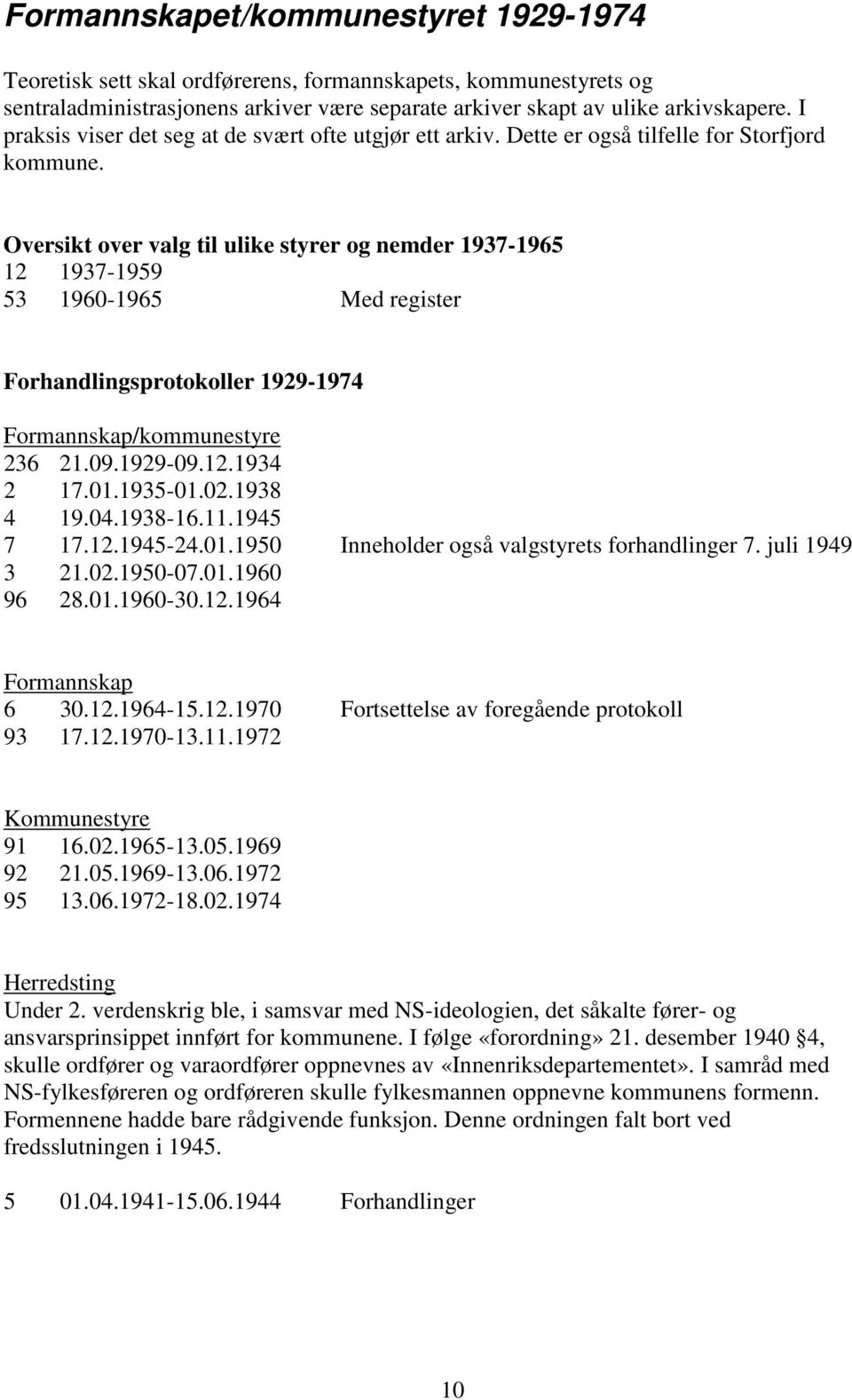 Oversikt over valg til ulike styrer og nemder 1937-1965 12 1937-1959 53 1960-1965 Med register Forhandlingsprotokoller 1929-1974 Formannskap/kommunestyre 236 21.09.1929-09.12.1934 2 17.01.1935-01.02.