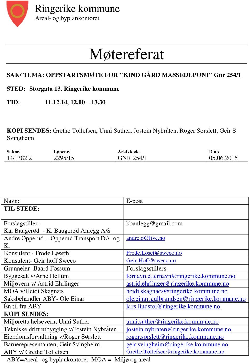 2015 Navn: TIL STEDE: E-post Forslagstiller - kbanlegg@gmail.com Kai Baugerød - K. Baugerød Anlegg A/S Andre Opperud.- Opperud Transport DA og andre.o@live.no K. Konsulent - Frode Løseth Frode.