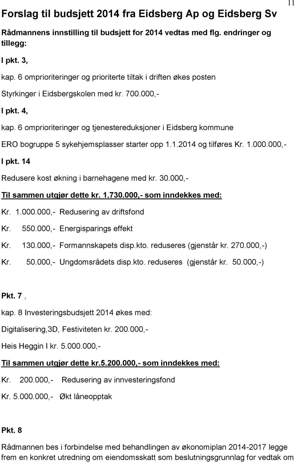 6 omprioriteringer og tjenestereduksjoner i Eidsberg kommune ERO bogruppe 5 sykehjemsplasser starter opp 1.1.2014 og tilføres Kr. 1.000.000,- I pkt. 14 Redusere kost økning i barnehagene med kr. 30.