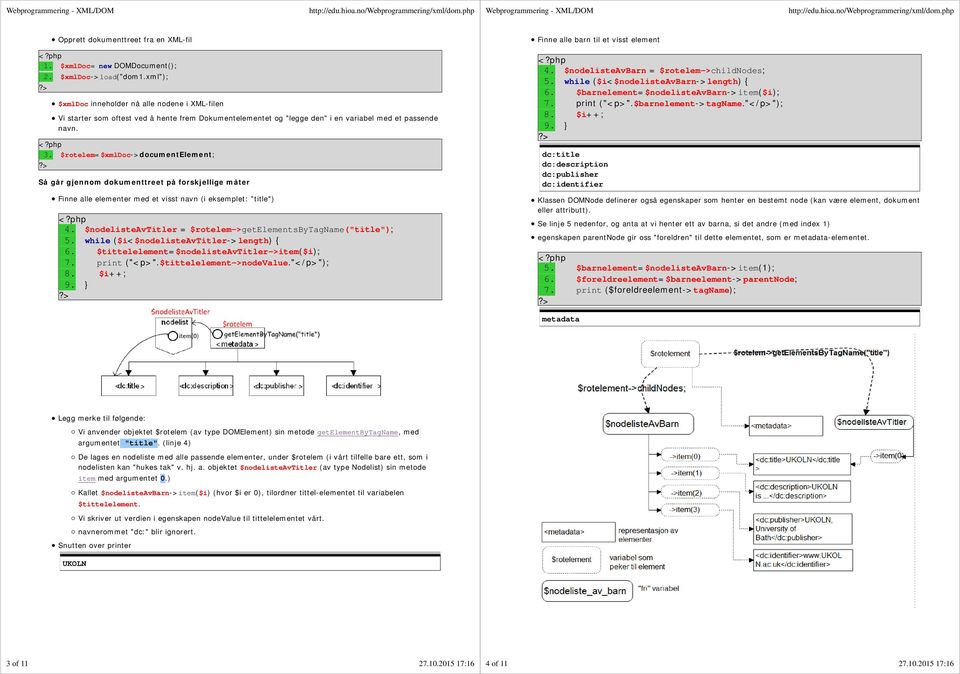 $rotelem=$xmldoc->documentelement; Så går gjennom dokumenttreet på forskjellige måter Finne alle elementer med et visst navn (i eksemplet: "title") 4.