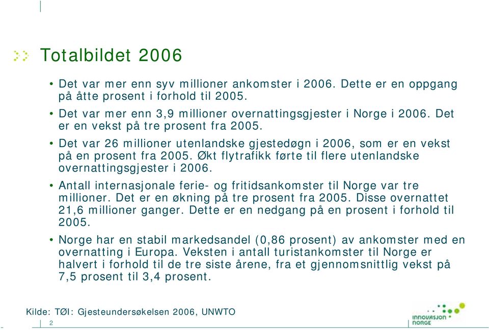 Økt flytrafikk førte til flere utenlandske overnattingsgjester i 2006. Antall internasjonale ferie- og fritidsankomster til Norge var tre millioner. Det er en økning på tre prosent fra 2005.