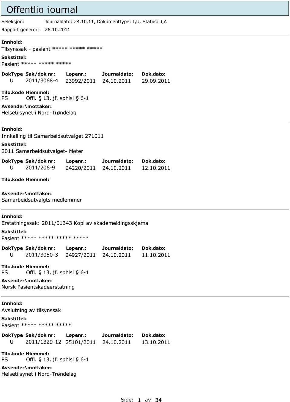 2011 Tilsynssak - pasient ***** ***** ***** Pasient ***** ***** ***** 2011/3068-4 23992/2011 Helsetilsynet i Nord-Trøndelag 29.09.