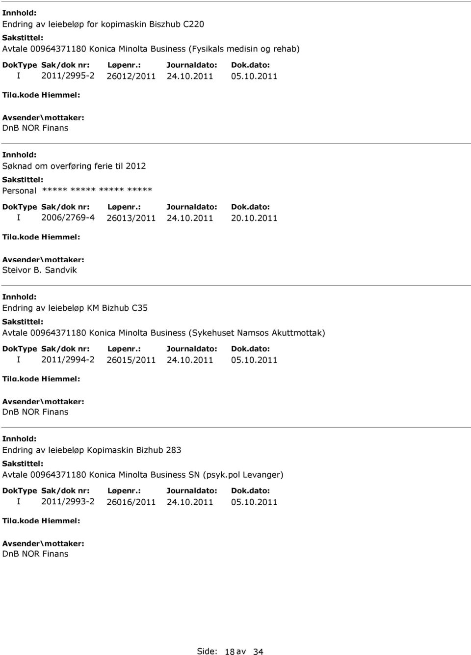 Sandvik Endring av leiebeløp KM Bizhub C35 Avtale 00964371180 Konica Minolta Business (Sykehuset Namsos Akuttmottak) 2011/2994-2