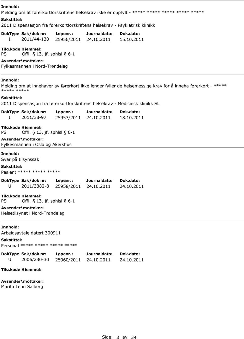 2011 Melding om at innehaver av førerkort ikke lenger fyller de helsemessige krav for å inneha førerkort - ***** ***** ***** 2011 Dispensasjon fra førerkortforskriftens