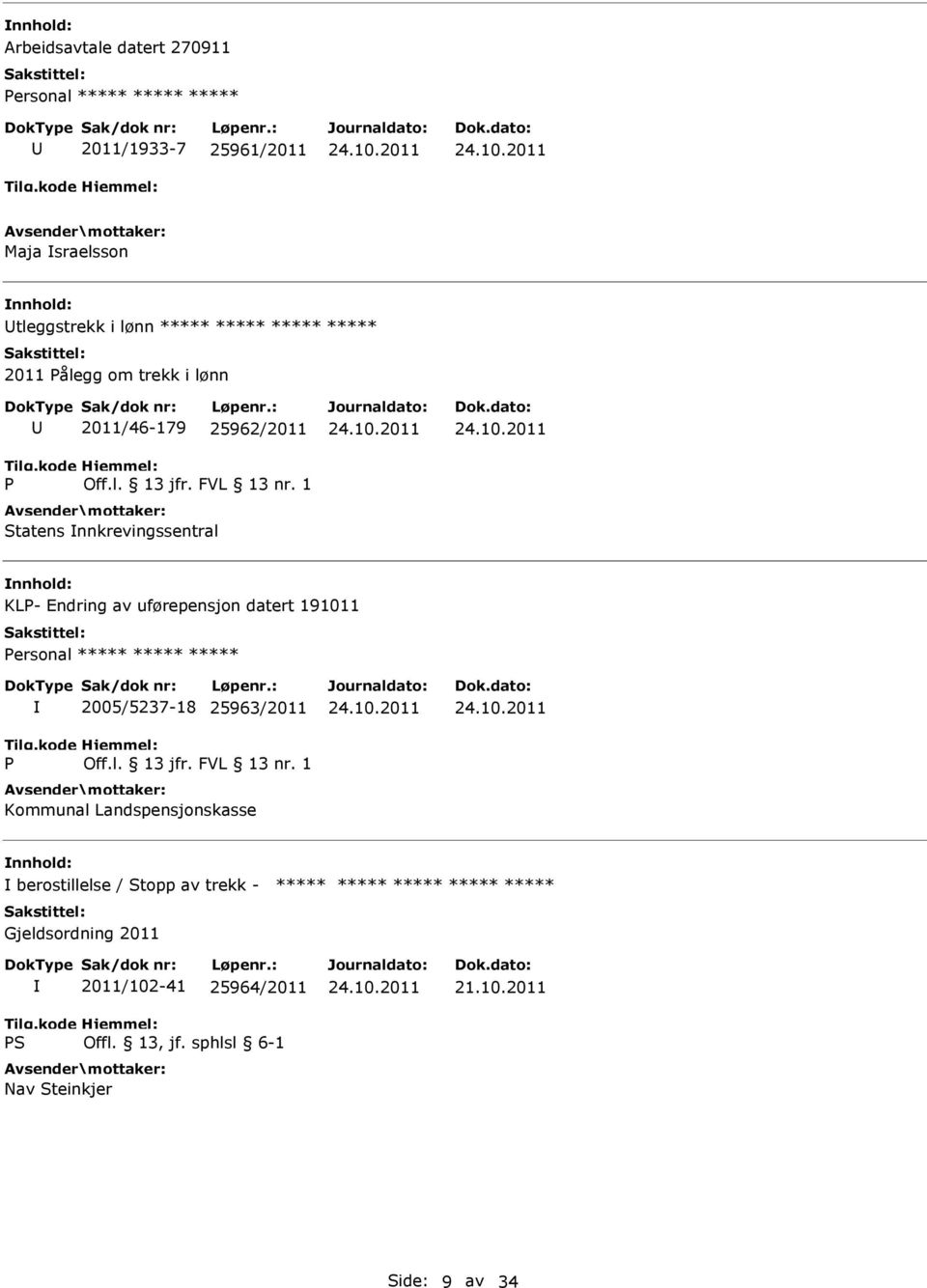 1 Statens nnkrevingssentral KLP- Endring av uførepensjon datert 191011 Personal ***** ***** ***** P 2005/5237-18 25963/2011 Off.l. 13 jfr.