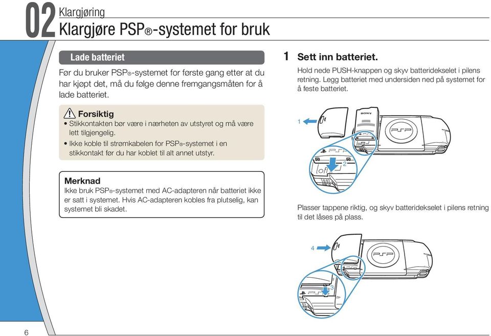 Forsiktig Stikkontakten bør være i nærheten av utstyret og må være lett tilgjengelig. 1 PUSH Ikke koble til strømkabelen for PSP -systemet i en stikkontakt før du har koblet til alt annet utstyr.