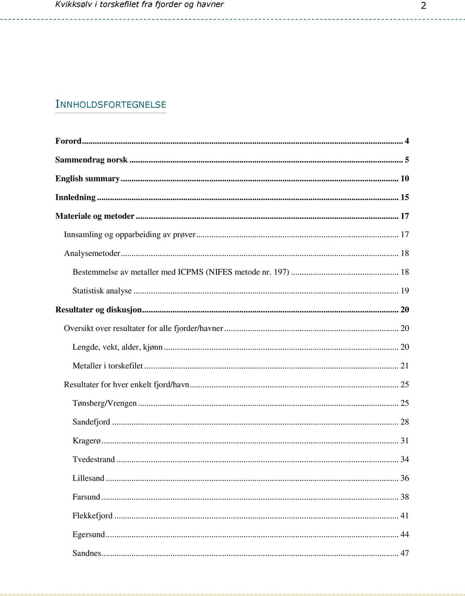 .. 19 Resultater og diskusjon... 20 Oversikt over resultater for alle fjorder/havner... 20 Lengde, vekt, alder, kjønn... 20 Metaller i torskefilet.