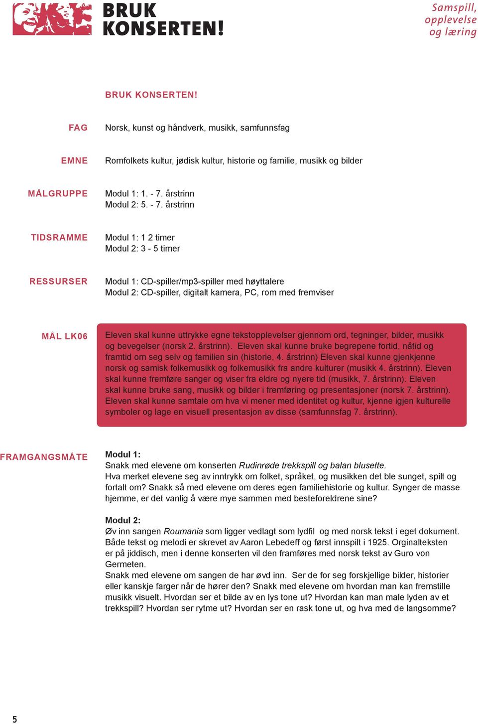 årstrinn TIDSRAMME Modul 1: 1 2 timer Modul 2: 3-5 timer RESSURSER Modul 1: CD-spiller/mp3-spiller med høyttalere Modul 2: CD-spiller, digitalt kamera, PC, rom med fremviser MÅL LK06 Eleven skal