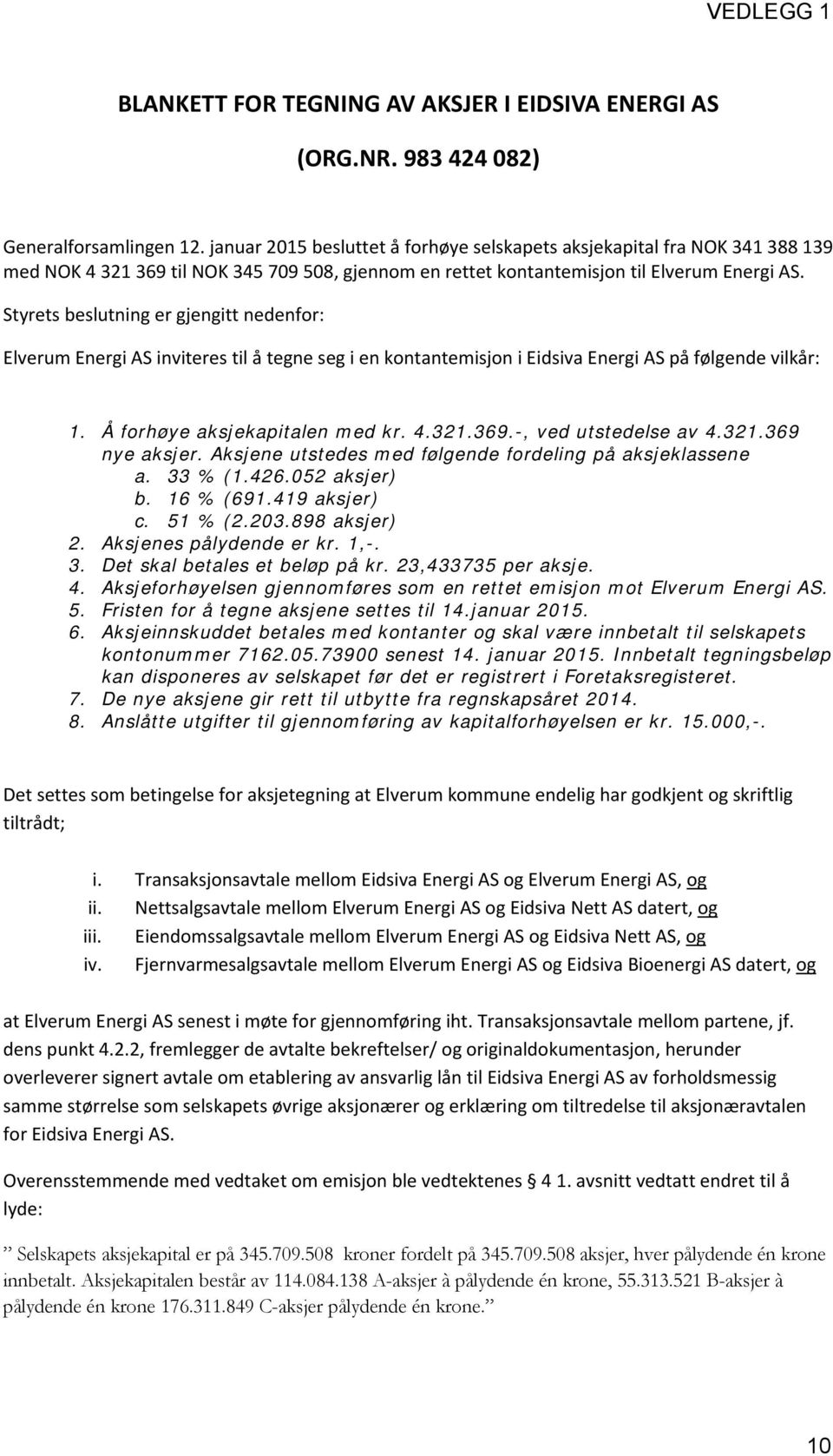 Styrets beslutning er gjengitt nedenfor: Elverum Energi AS inviteres til å tegne seg i en kontantemisjon i Eidsiva Energi AS på følgende vilkår: 1. Å forhøye aksjekapitalen med kr. 4.321.369.