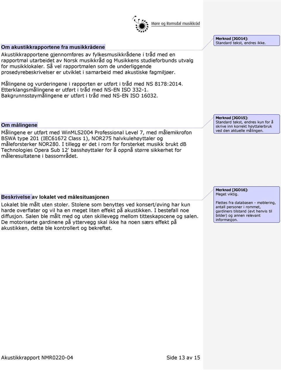 Målingene og vurderingene i rapporten er utført i tråd med NS 8178:2014. Etterklangsmålingene er utført i tråd med NS-EN ISO 332-1. Bakgrunnsstøymålingene er utført i tråd med NS-EN ISO 16032.