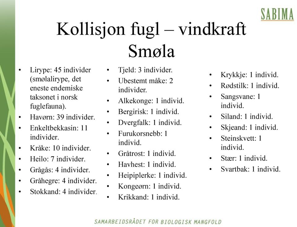 Alkekonge: 1 individ. Bergirisk: 1 individ. Dvergfalk: 1 individ. Furukorsnebb: 1 individ. Gråtrost: 1 individ. Havhest: 1 individ. Heipiplerke: 1 individ.