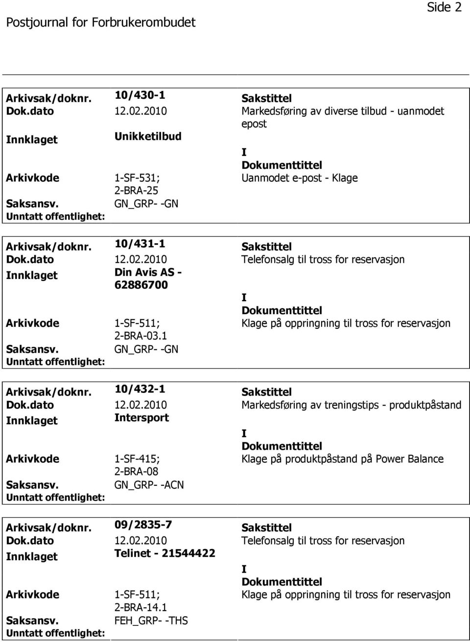 2010 Telefonsalg til tross for reservasjon nnklaget Din Avis AS - 62886700 1-SF-511; 2-BRA-03.1 Klage på oppringning til tross for reservasjon GN_GRP- -GN Arkivsak/doknr. 10/432-1 Sakstittel Dok.