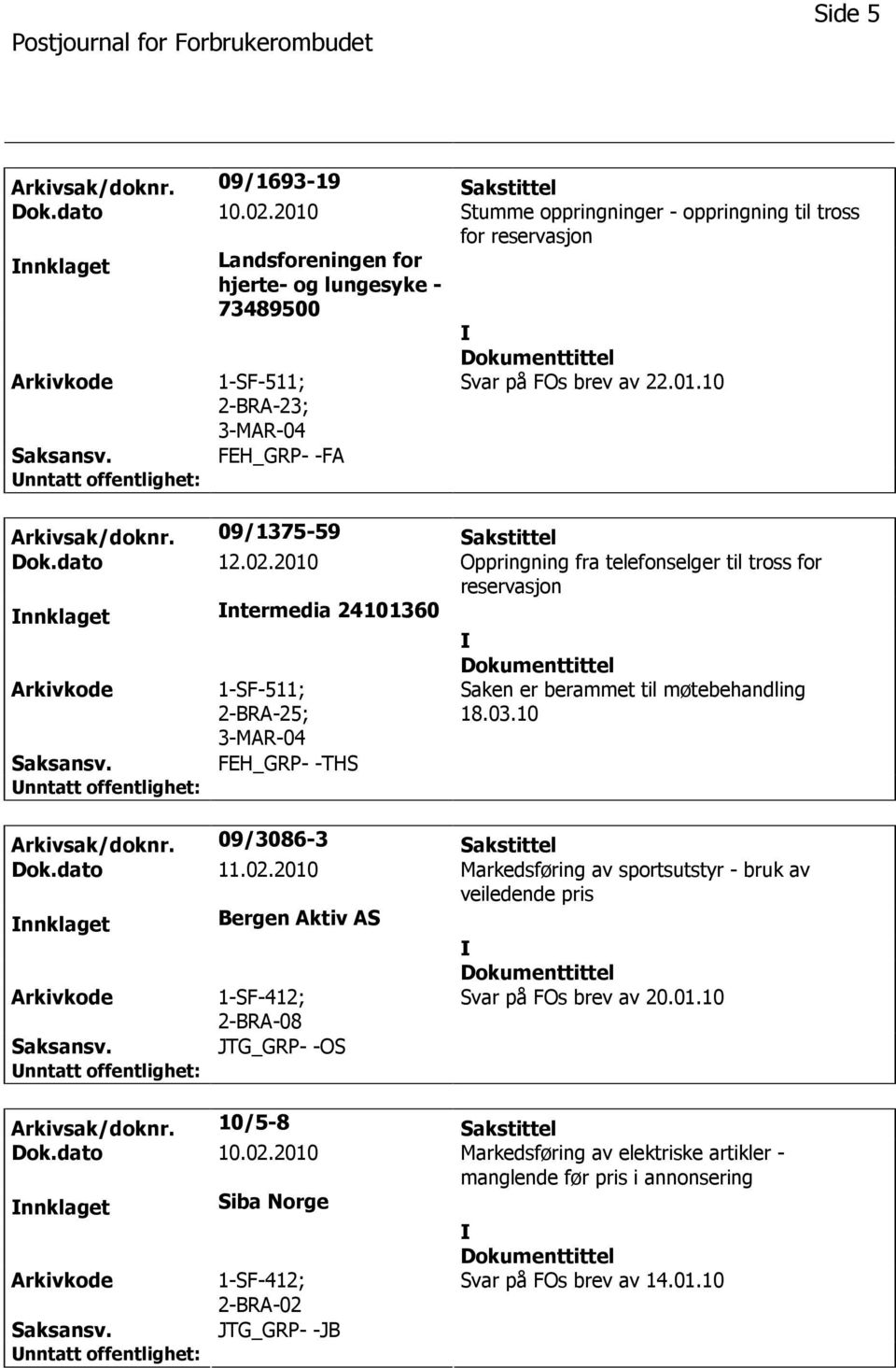 09/1375-59 Sakstittel Dok.dato 12.02.2010 Oppringning fra telefonselger til tross for reservasjon nnklaget ntermedia 24101360 1-SF-511; 3-MAR-04 FEH_GRP- -THS Saken er berammet til møtebehandling 18.