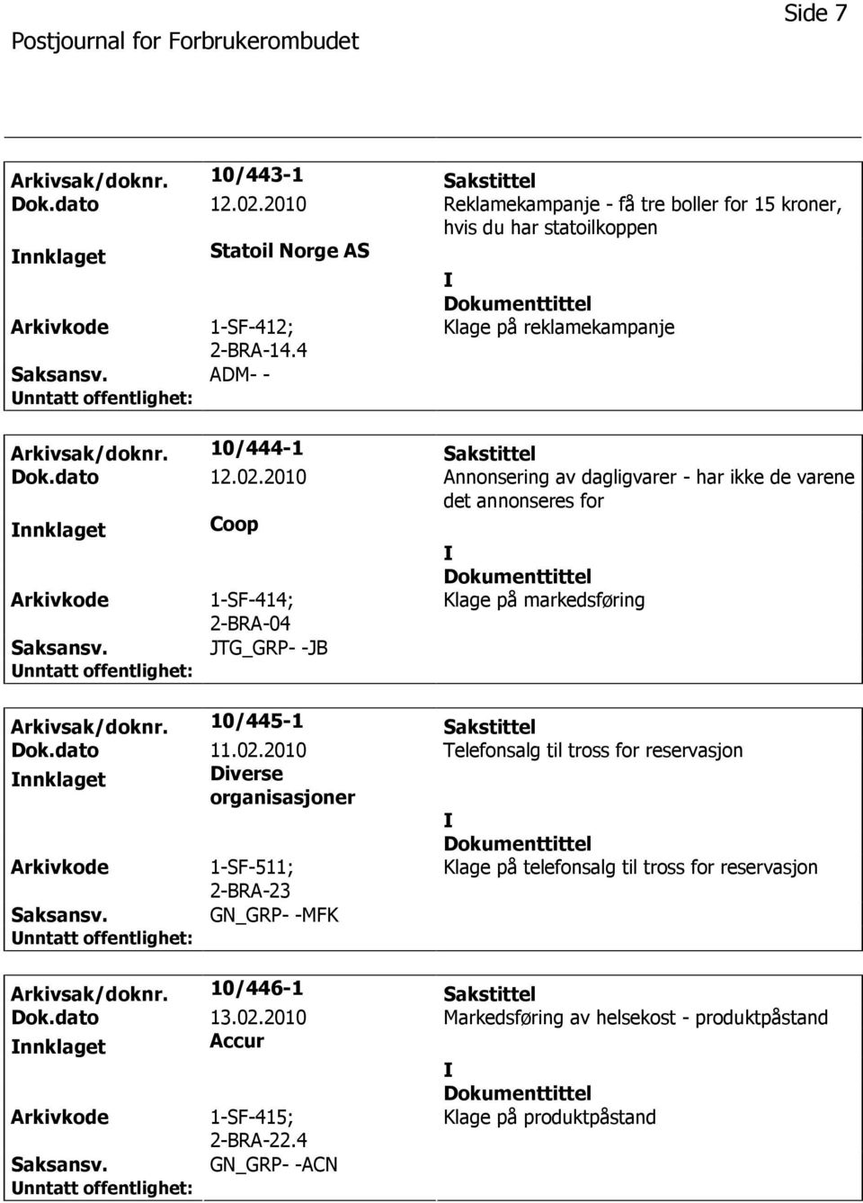 2010 Annonsering av dagligvarer - har ikke de varene det annonseres for nnklaget Coop 1-SF-414; 2-BRA-04 Klage på markedsføring JTG_GRP- -JB Arkivsak/doknr. 10/445-1 Sakstittel Dok.dato 11.02.