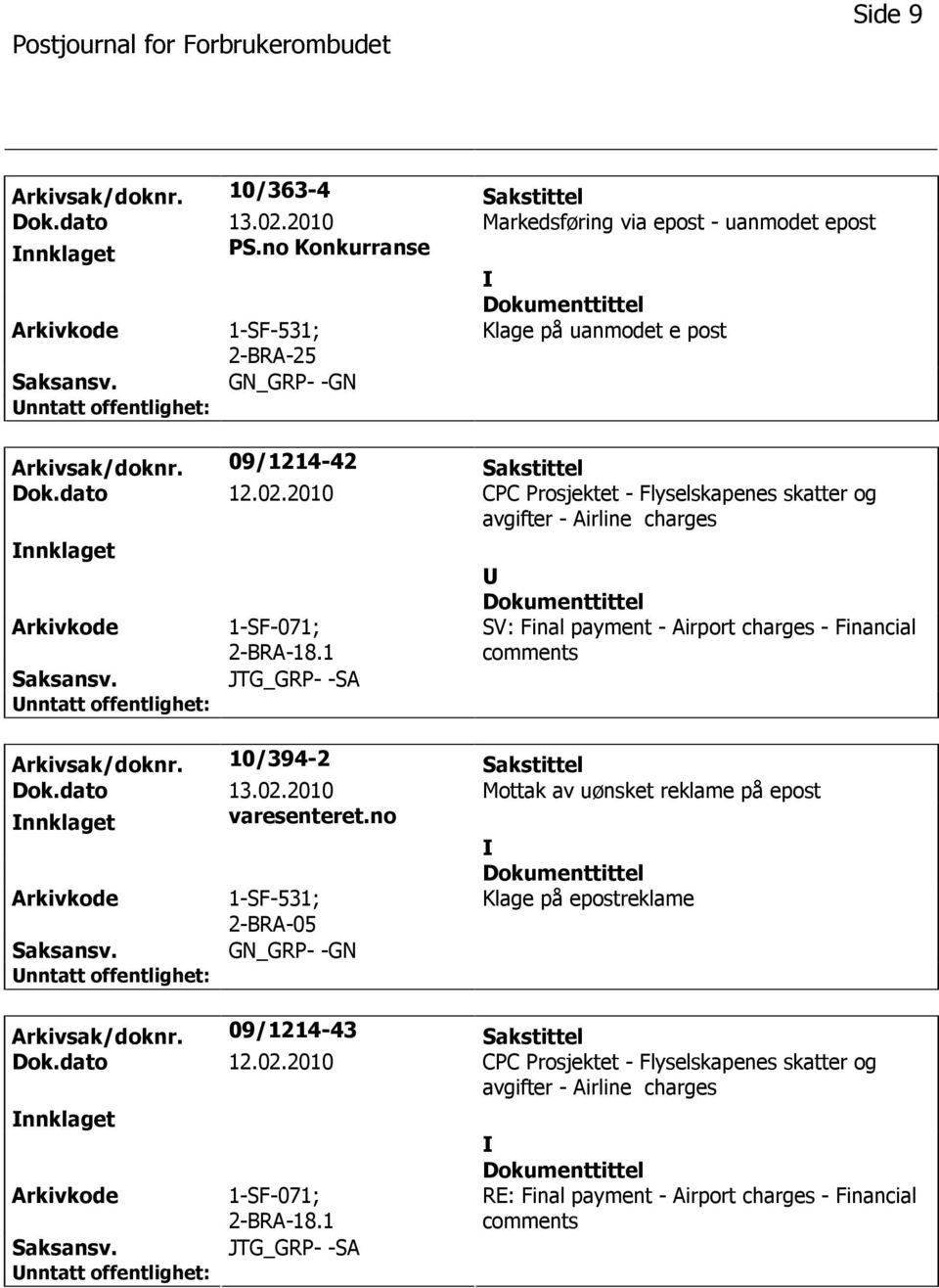 2010 CPC Prosjektet - Flyselskapenes skatter og avgifter - Airline charges nnklaget 1-SF-071; 2-BRA-18.1 JTG_GRP- -SA U SV: Final payment - Airport charges - Financial comments Arkivsak/doknr.