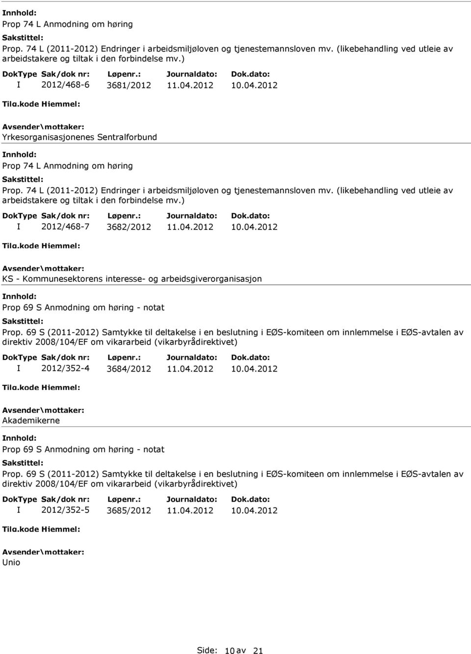 69 S (2011-2012) Samtykke til deltakelse i en beslutning i EØS-komiteen om innlemmelse i EØS-avtalen av direktiv 2008/104/EF om vikararbeid (vikarbyrådirektivet) 2012/352-4 3684/2012 Akademikerne