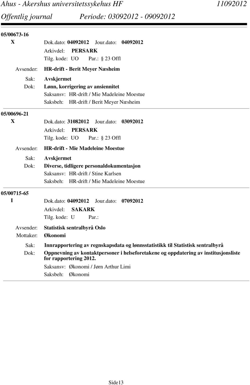 Næsheim 05/00696-21 X Dok.dato: 31082012 Jour.dato: 03092012 Saksansv: HR-drift / Stine Karlsen 05/00715-65 I Dok.dato: 04092012 Jour.dato: 07092012 Tilg.