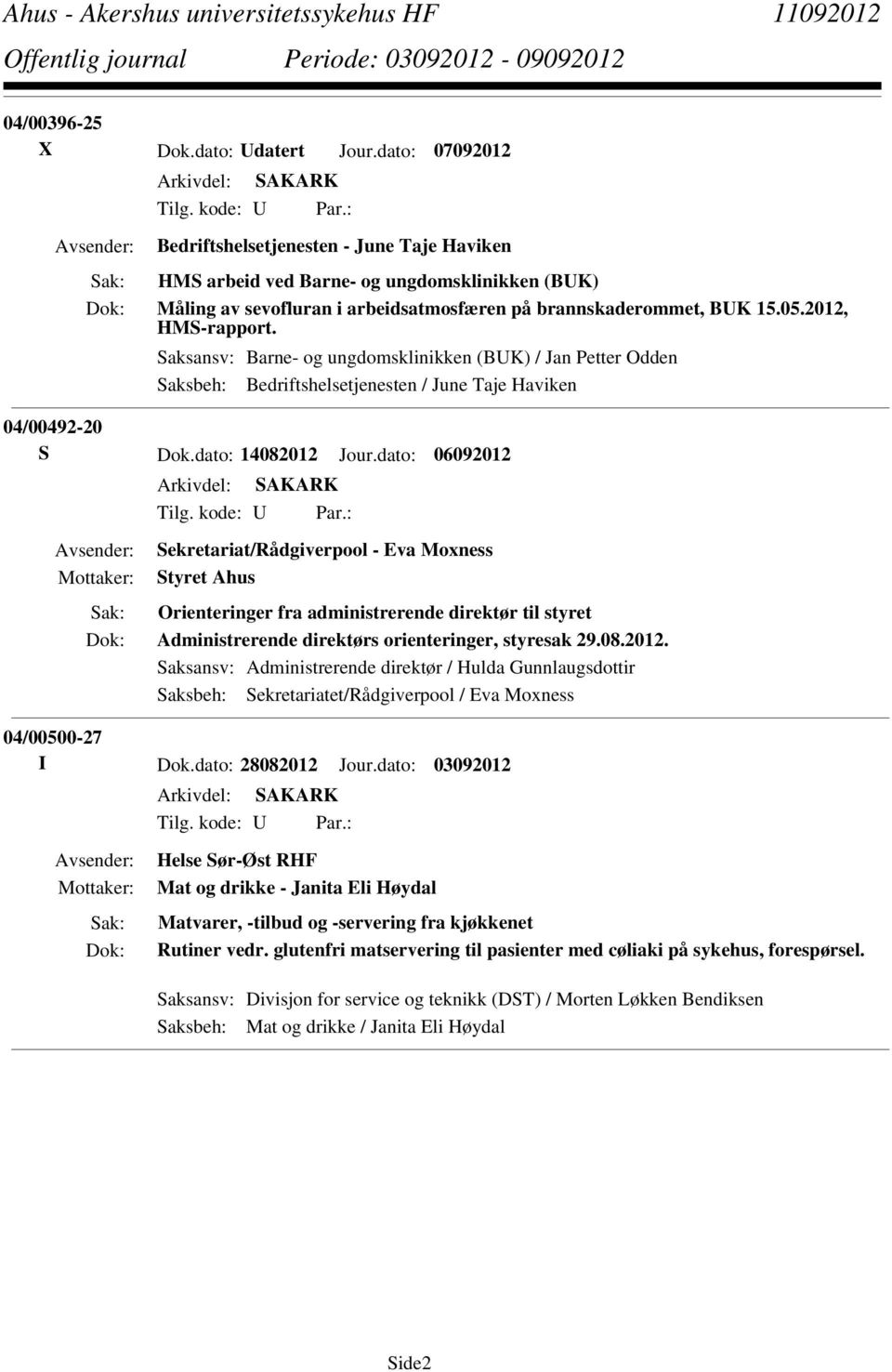 Saksansv: Barne- og ungdomsklinikken (BUK) / Jan Petter Odden Saksbeh: Bedriftshelsetjenesten / June Taje Haviken 04/00492-20 S Dok.dato: 14082012 Jour.dato: 06092012 Tilg. kode: U Par.