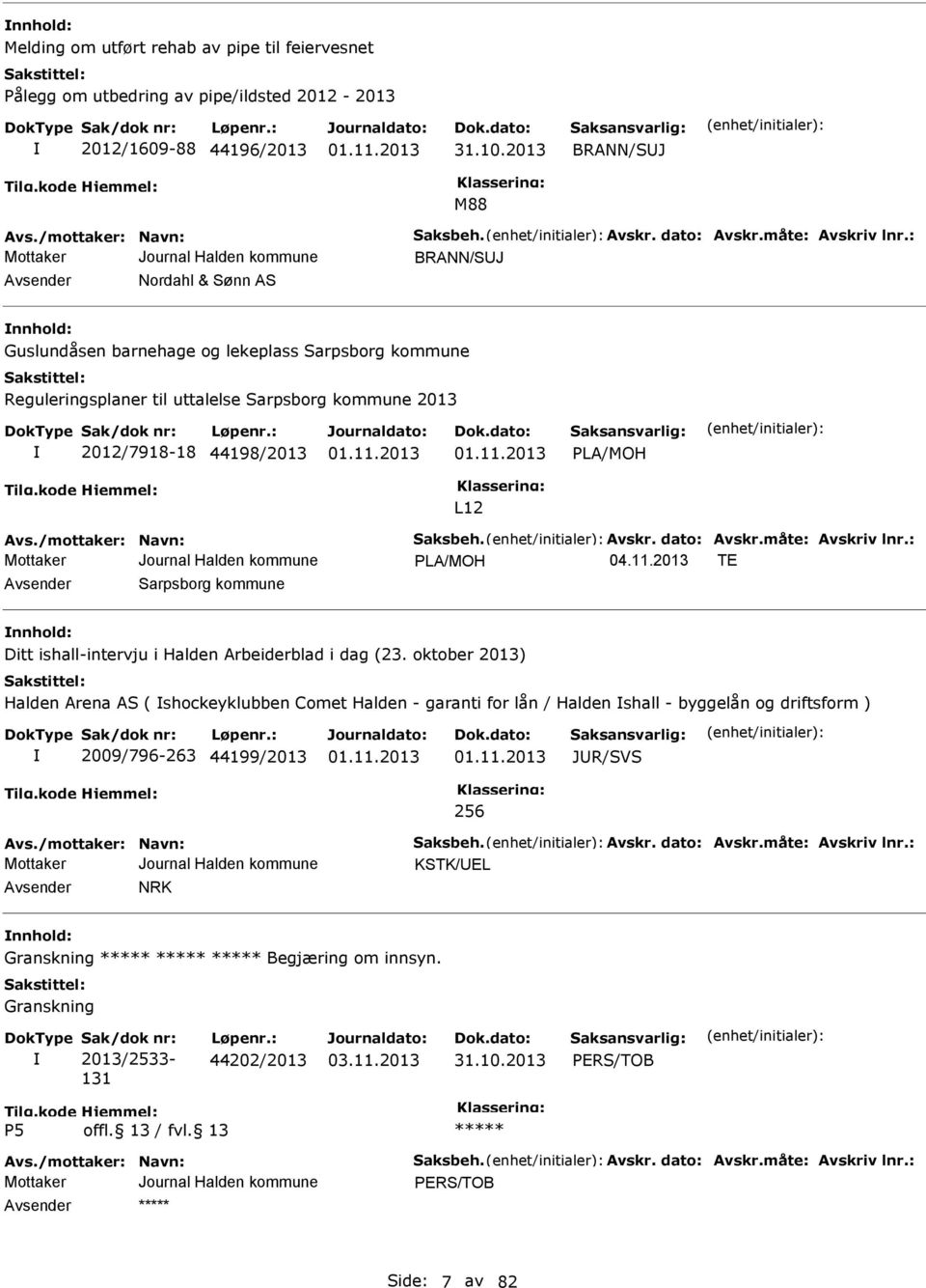 : BRANN/SUJ Avsender Nordahl & Sønn AS nnhold: Guslundåsen barnehage og lekeplass Sarpsborg kommune Reguleringsplaner til uttalelse Sarpsborg kommune 2013 2012/7918-18 44198/2013 PLA/MOH L12 Avs.