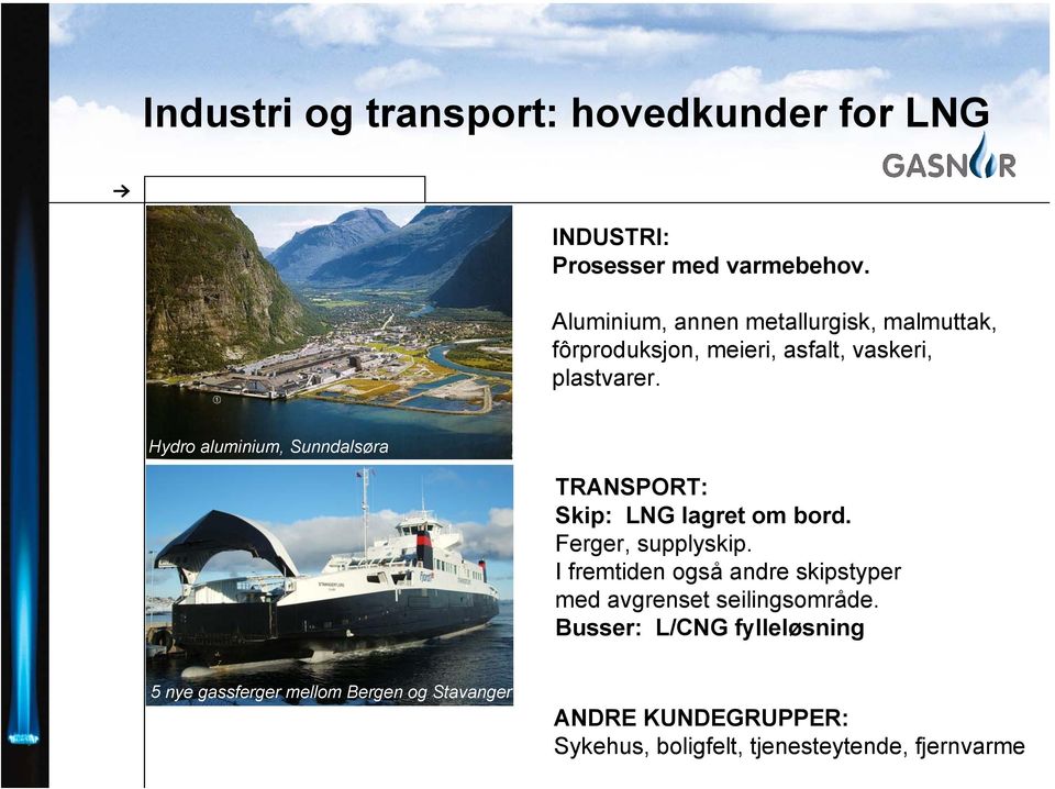 Hydro aluminium, Sunndalsøra TRANSPORT: Skip: LNG lagret om bord. Ferger, supplyskip.