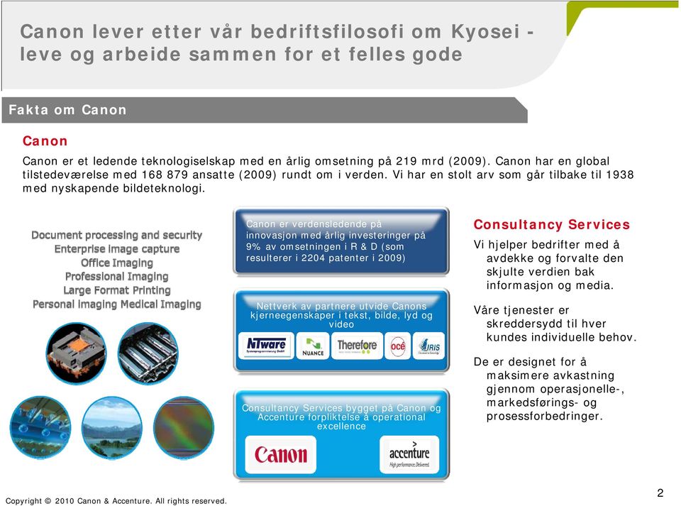 Canon er verdensledende på innovasjon med årlig investeringer på 9% av omsetningen i R & D (som resulterer i 2204 patenter i 2009) Nettverk av partnere utvide Canons kjerneegenskaper i tekst, bilde,