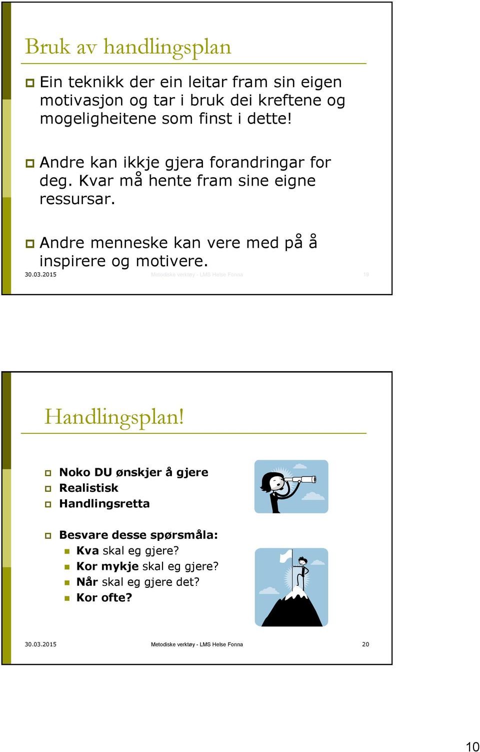 2015 Metodiske verktøy - LMS Helse Fonna 19 Du sjølv har nøkkelen til å oppnå måla dine!!! Handlingsplan!