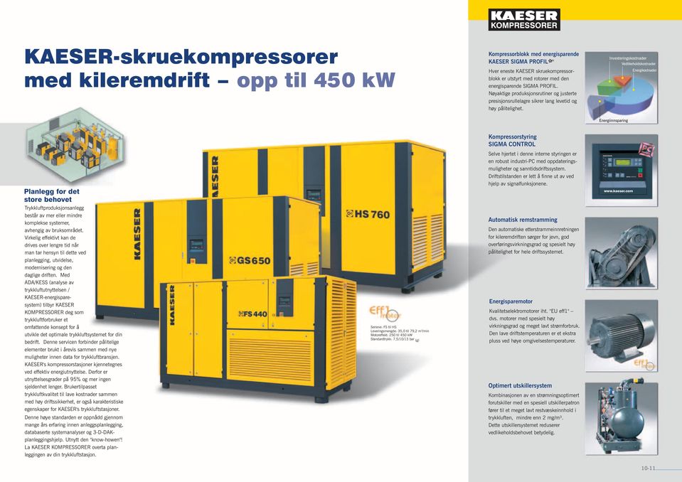 Investeringskostnader Vedlikeholdskostnader Energikostnader Energiinnsparing Kompressorstyring SIGMA CONTROL Planlegg for det store behovet Trykkluftproduksjonsanlegg består av mer eller mindre