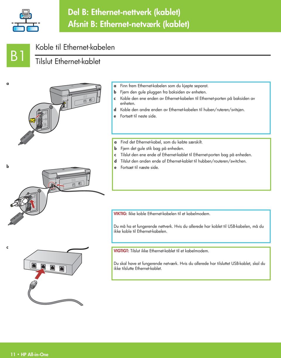 e Fortsett til neste side. b Find det Ethernet-kbel, som du købte særskilt. b Fjern det gule stik bg på enheden. Tilslut den ene ende f Ethernet-kblet til Ethernet-porten bg på enheden.