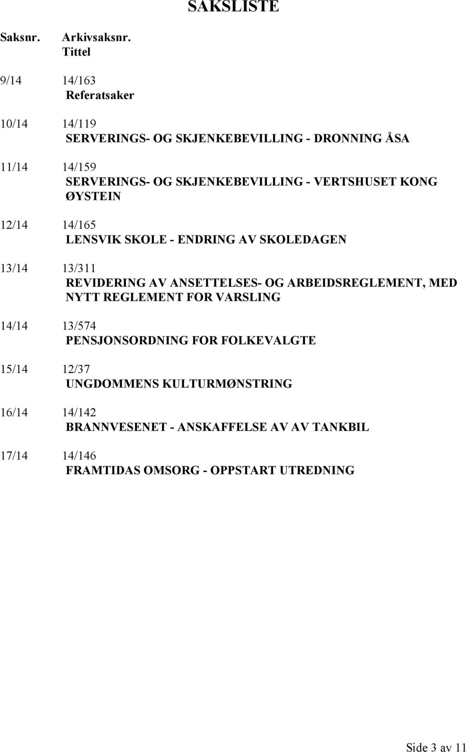 SKJENKEBEVILLING - VERTSHUSET KONG ØYSTEIN 12/14 14/165 LENSVIK SKOLE - ENDRING AV SKOLEDAGEN 13/14 13/311 REVIDERING AV ANSETTELSES-