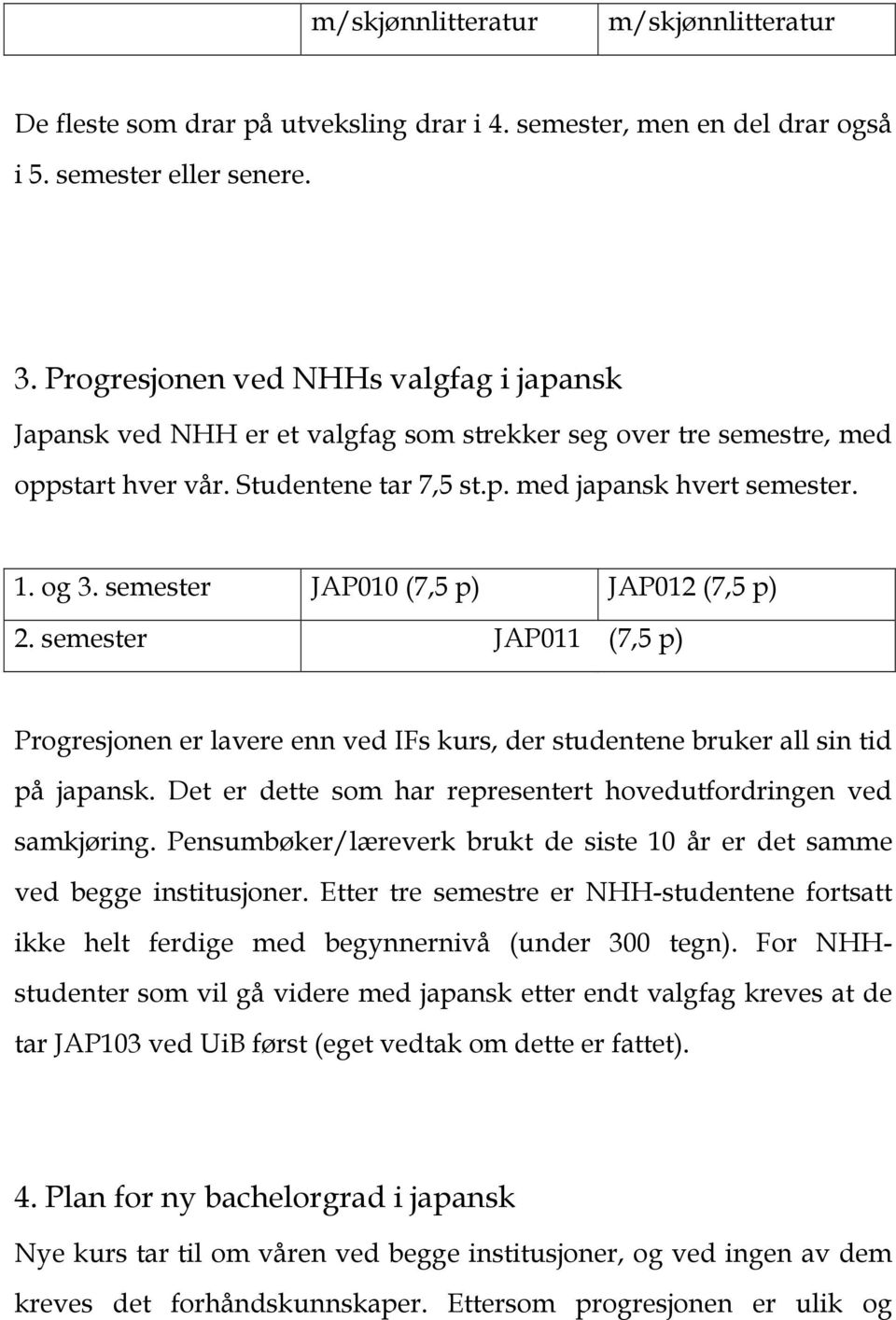 semester JAP010 (7,5 p) JAP012 (7,5 p) 2. semester JAP011 (7,5 p) Progresjonen er lavere enn ved IFs kurs, der studentene bruker all sin tid på japansk.