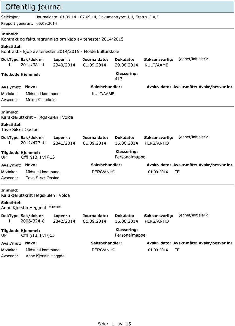 14, Dokumenttype:,, Status: J,A,F Kontrakt og fakturagrunnlag om kjøp av tenester 2014/2015 Kontrakt - kjøp av tenester 2014/2015 -