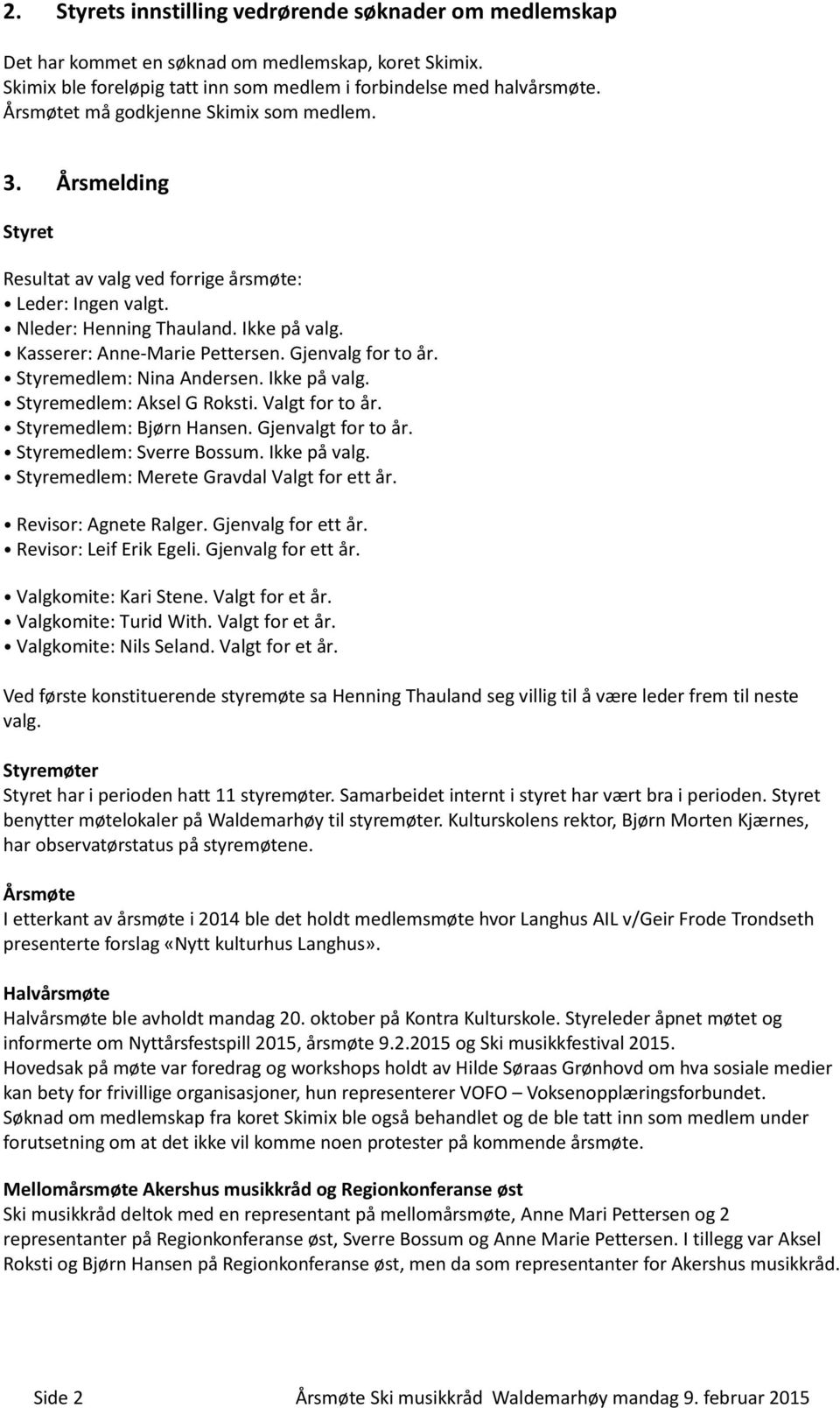 Gjenvalg for to år. Styremedlem: Nina Andersen. Ikke på valg. Styremedlem: Aksel G Roksti. Valgt for to år. Styremedlem: Bjørn Hansen. Gjenvalgt for to år. Styremedlem: Sverre Bossum. Ikke på valg. Styremedlem: Merete Gravdal Valgt for ett år.