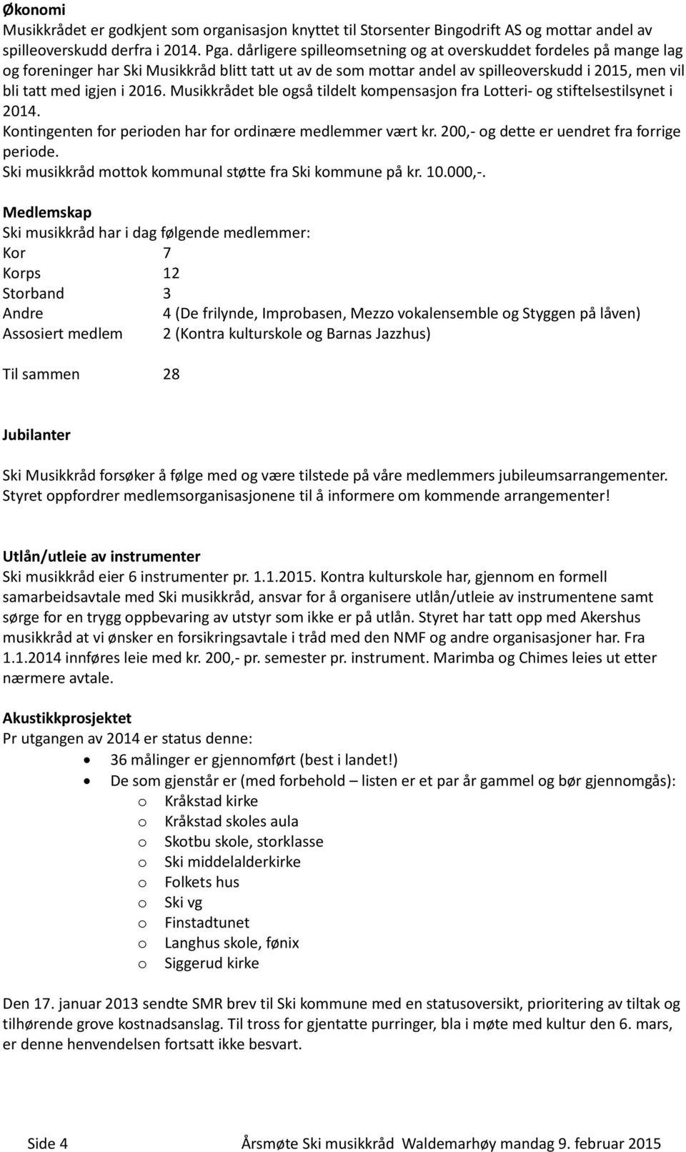 Musikkrådet ble også tildelt kompensasjon fra Lotteri- og stiftelsestilsynet i 2014. Kontingenten for perioden har for ordinære medlemmer vært kr. 200,- og dette er uendret fra forrige periode.