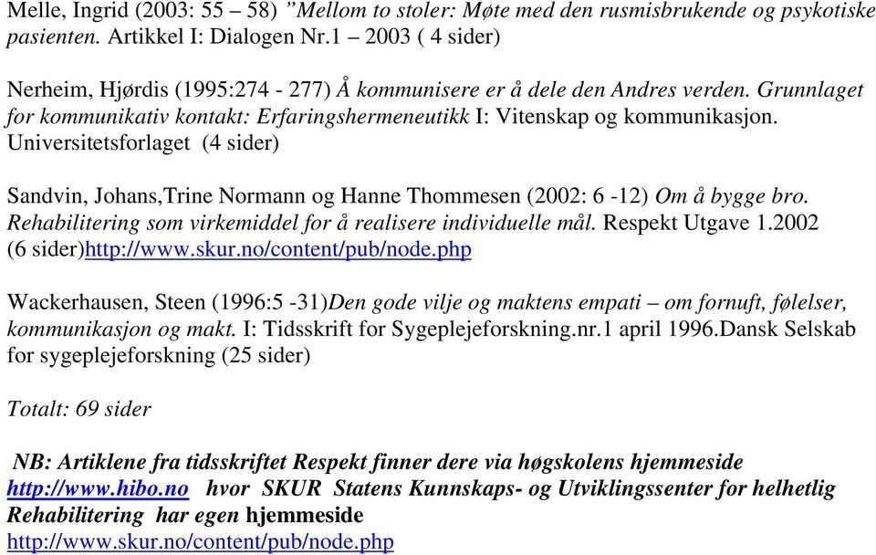 Universitetsforlaget (4 sider) Sandvin, Johans,Trine Normann og Hanne Thommesen (2002: 6-12) Om å bygge bro. Rehabilitering som virkemiddel for å realisere individuelle mål. Respekt Utgave 1.