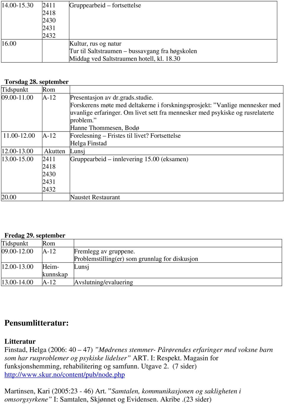 Om livet sett fra mennesker med psykiske og rusrelaterte problem. Hanne Thommesen, Bodø 11.00-12.00 A-12 Forelesning Fristes til livet? Fortsettelse Helga Finstad 12.00-13.00 Akutten Lunsj 13.00-15.