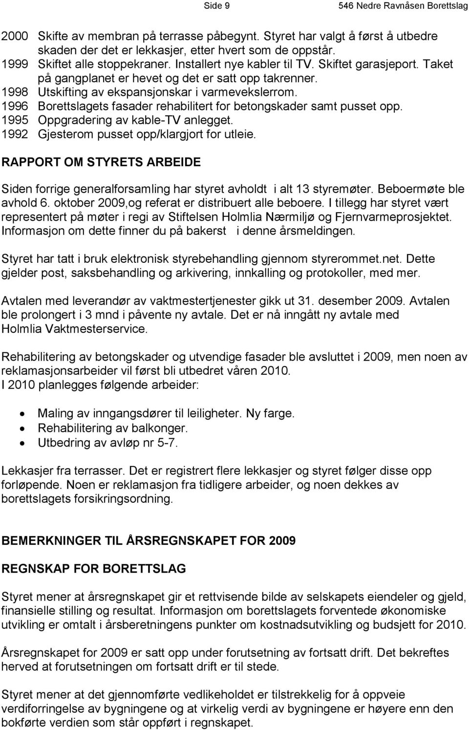 1996 Borettslagets fasader rehabilitert for betongskader samt pusset opp. 1995 Oppgradering av kable-tv anlegget. 1992 Gjesterom pusset opp/klargjort for utleie.